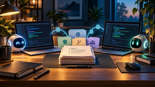 Two coding assistants connected by shared project notes, security guidance, preferences, and role folders