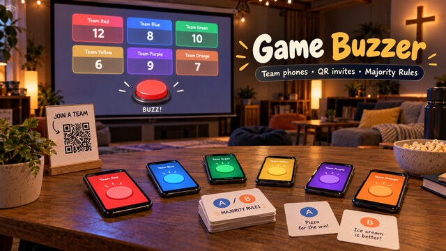 Game Buzzer project cover image with a projector scoreboard, team phones, and QR invitations
