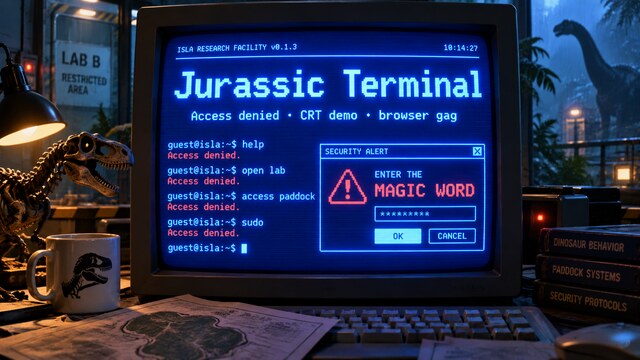 Jurassic Terminal cover image with a blue CRT access-denied terminal and playful magic-word warning
