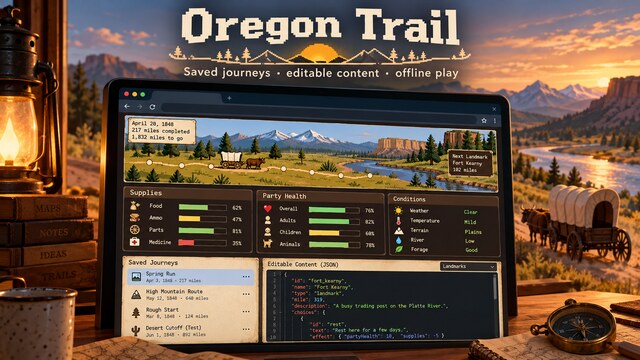 Oregon Trail browser game cover image with saved journeys, supplies, health, and editable JSON content