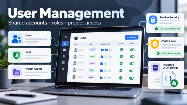 User Management cover image showing roles, project access, session security, CSRF protection, and JSON storage
