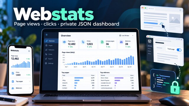 Webstats cover image showing a private analytics dashboard with page views, clicks, and protected JSON storage